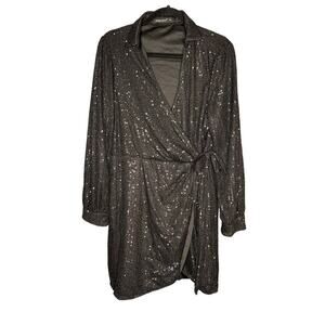 Double Crazy Plus Size 3XL Black Sequin Wrap Dress Long Sleeve Wrap Skirt Collar